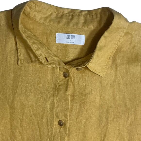 UniQlo Women's Linen Button Down Shirt Size XL Collared Cuff Sleeve Yellow - Picture 3 of 7
